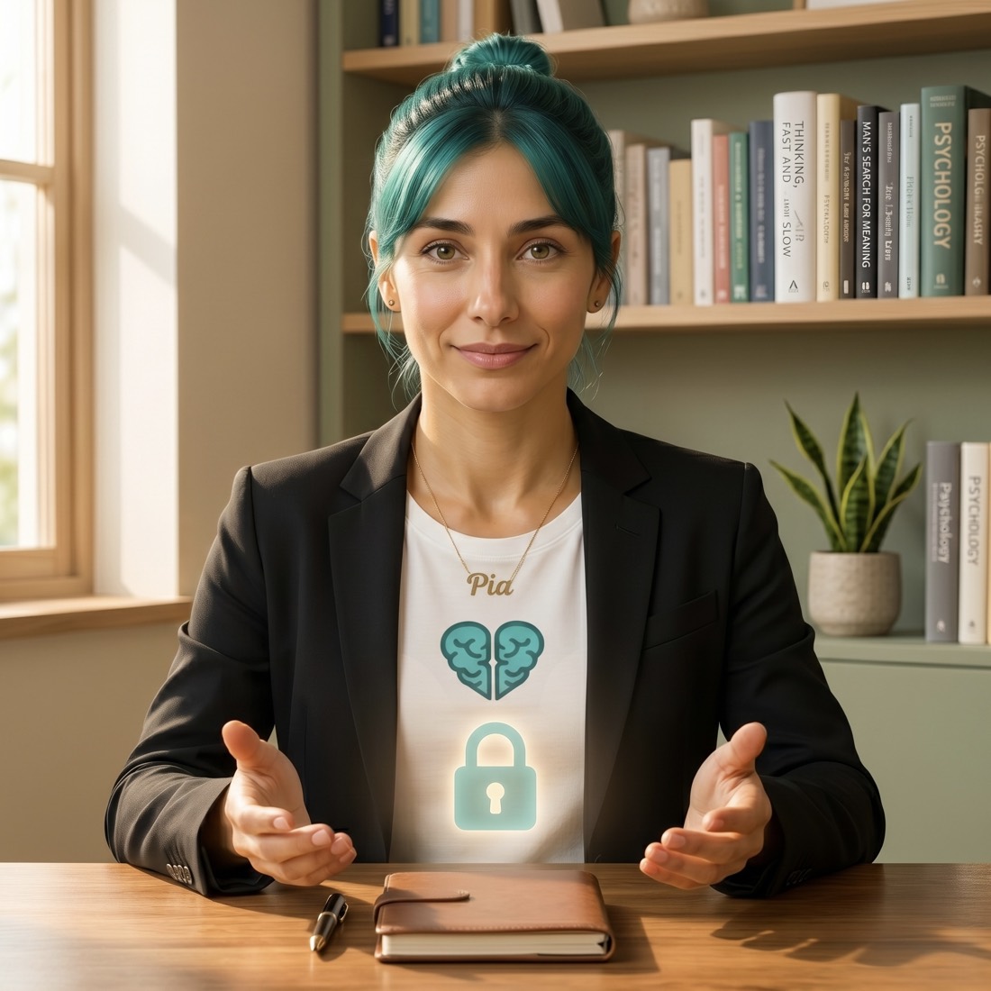 Pía junto a un candado, representando la privacidad de tus conversaciones.